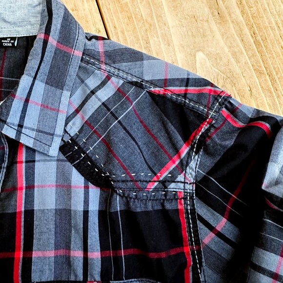 Burnside‎ Western Shirt Black Snaps Plaid Topstitching Men's M Red Gray - Picture 6 of 6